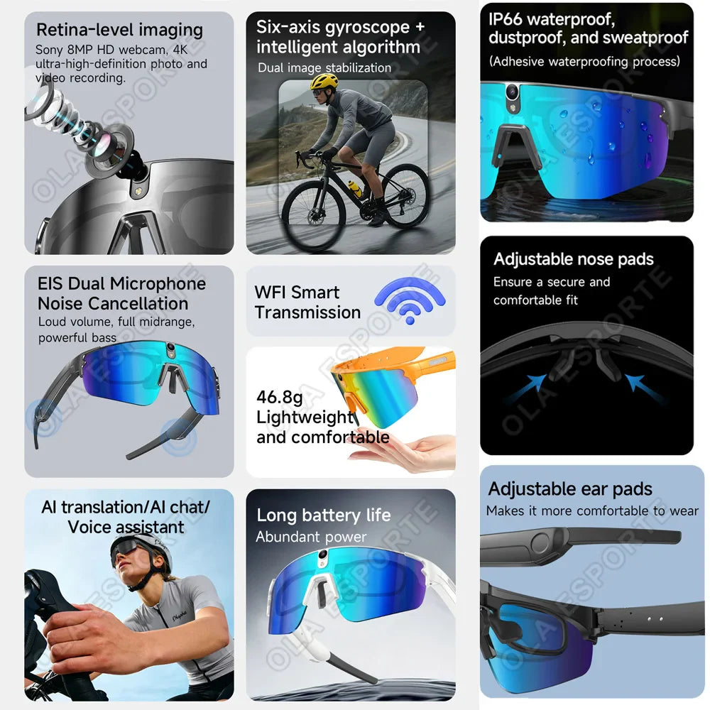 8MP Smart Cycling Glasses 1080p Camera WiFi BT AI Translator