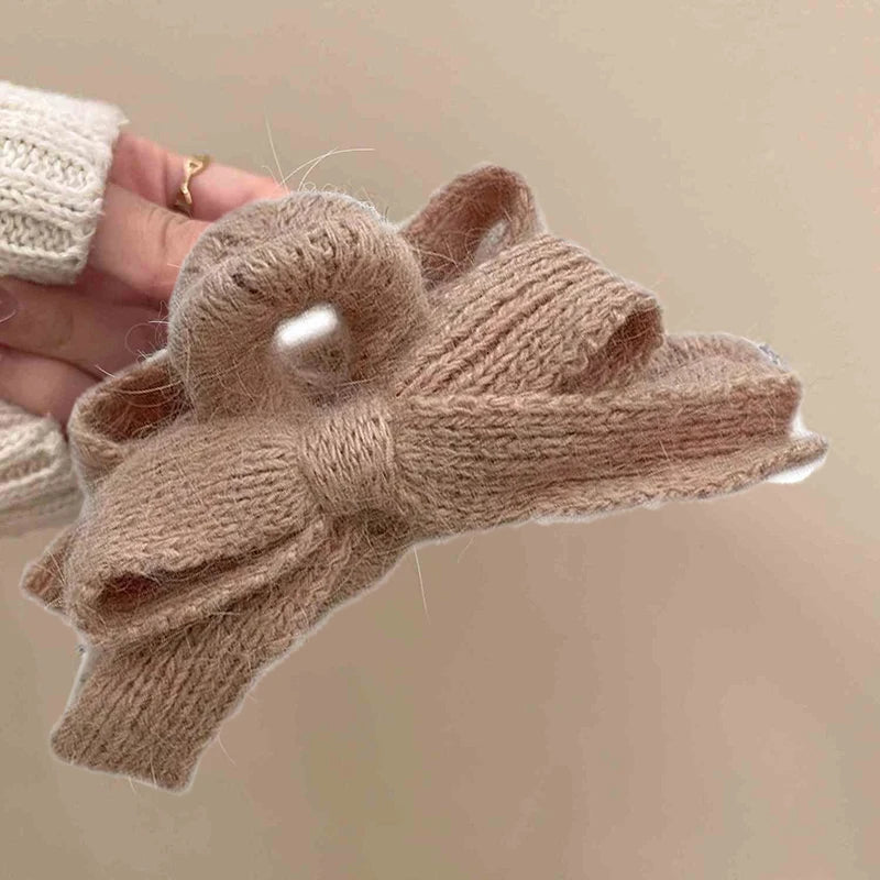 Minimalist Autumn Winter Plush Knit Bow Shark Clip Back Head Hair Claw Elegant Premium Temperament Hair Clip Fashion Accessories Peaceful Pleasures Health and Wellness 3