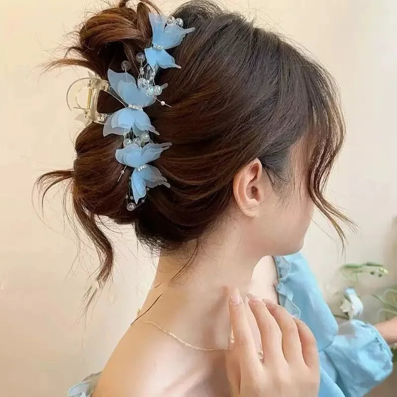 Light Blue/Pink Sheer Butterfly Claw Clip | Pearl Rhinestone Fairycore Hair Grabber | Elegant Romantic Hair Accessory Peaceful Pleasures Health and Wellness