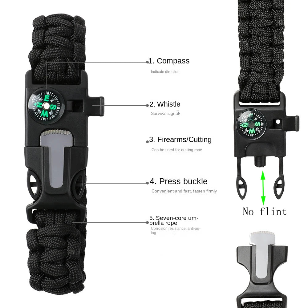 (No flint) Outdoor Survival Umbrella Rope SOS Bracelet Emergency Rescue Bracelet Compass Sport Tactical Whistle Bracelets Peaceful Pleasures Health and Wellness