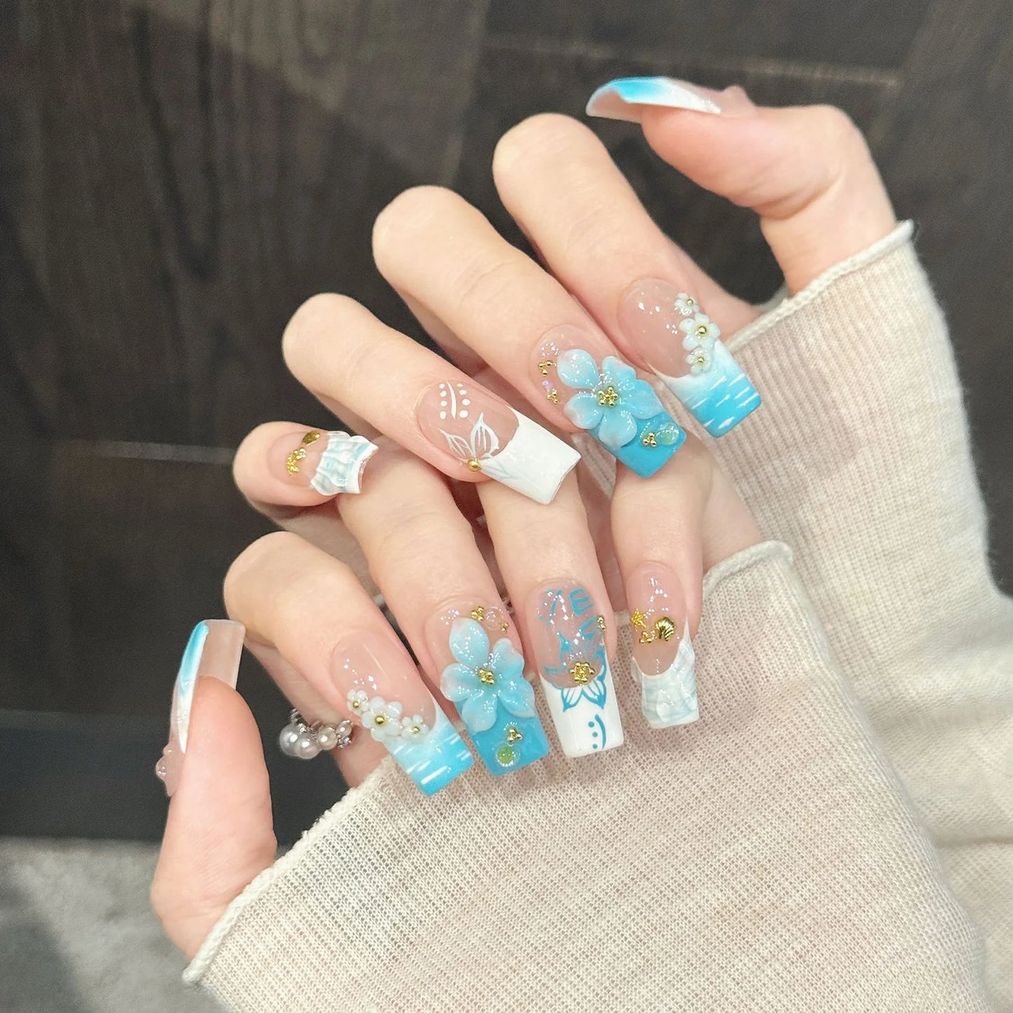 Handmade Blue Floral Press On Nails | Long Rectangle 10pc Set