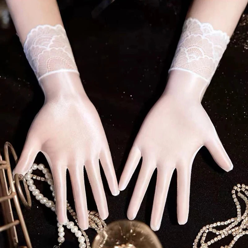 NEW Women Oil Glossy Tight Stocking Gloves Sexy High Elastic Transparent Ultra-Thin Clubwear Short Wrist Gloves Peaceful Pleasures Health and Wellness white lace trim