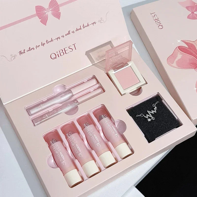 QIBEST Makeup Sets 4PCS Nude Liquid Lipstick,1 Lip Cream,1 Lip Oil,1 Face Blush Palette And Necklace Cosmetic Kits 7Pcs/Box Peaceful Pleasures Health and Wellness Makeup Sets