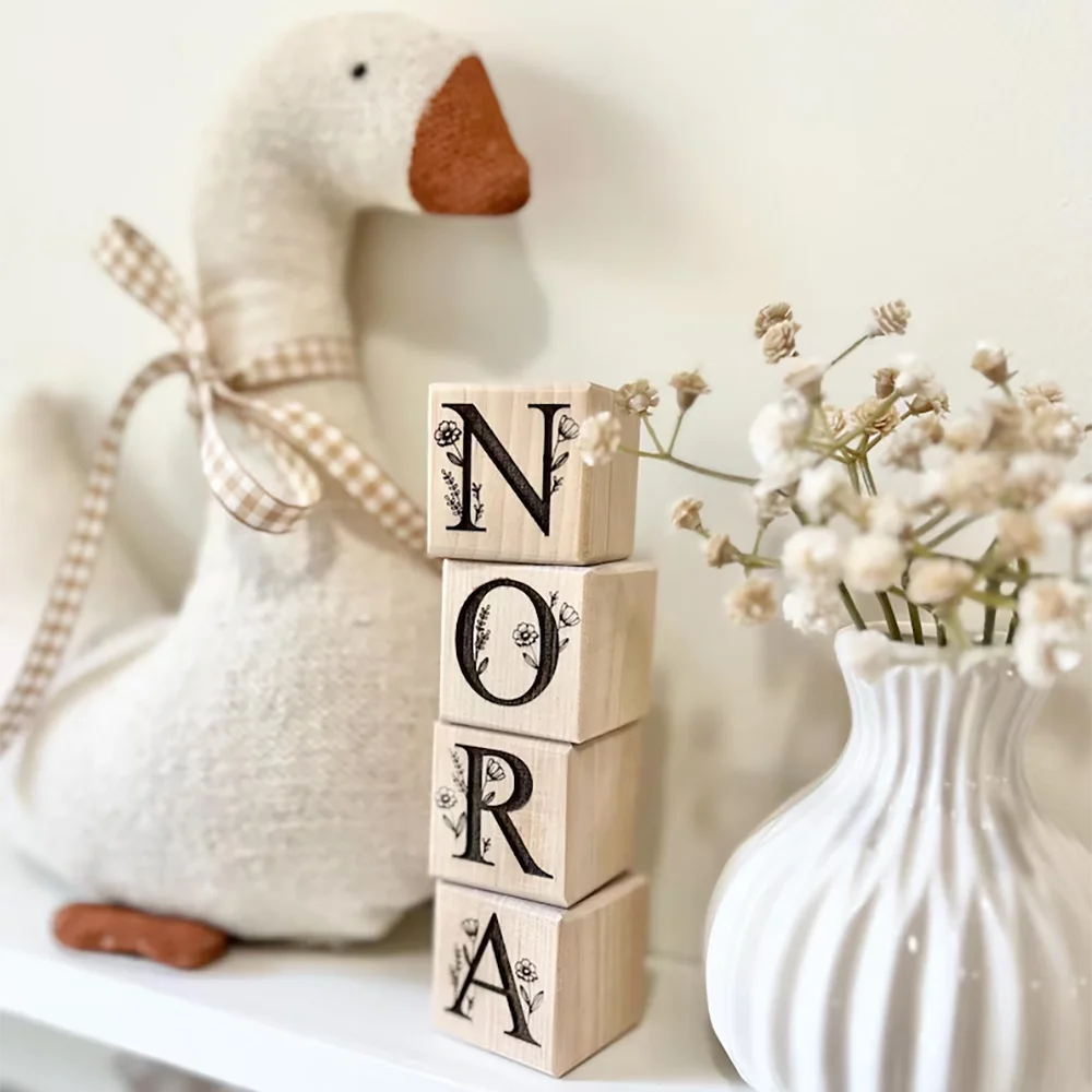 Personalized Floral Wooden Name Blocks | Nursery Decor & Baby Gift Personalized Name Blocks Peaceful Pleasures Health and Wellness 7 letters Custom4x4x4cm