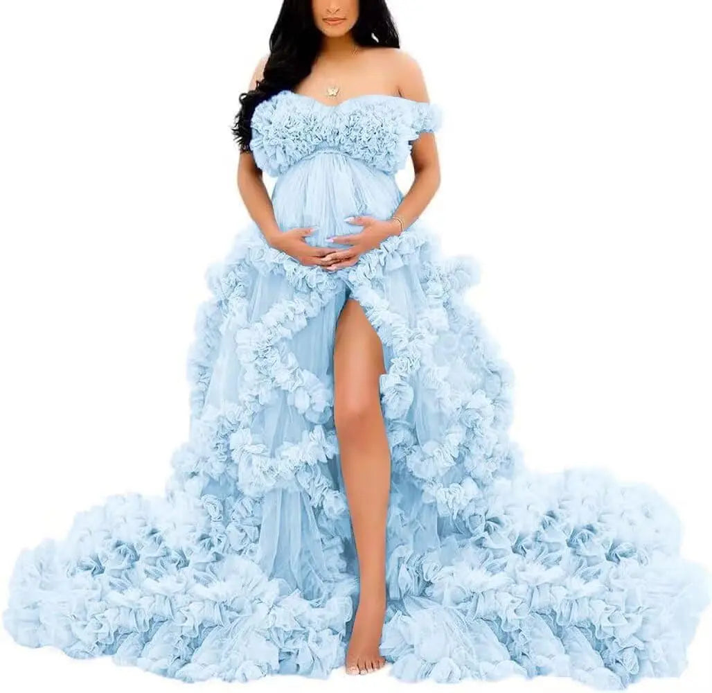 Photoshoot & Baby Shower Tulle Maternity Dress - Off Shoulder, Puffy Ruffles, Elegant Long Robe for Pregnancy Peaceful Pleasures Health and Wellness Sky Blue US 2