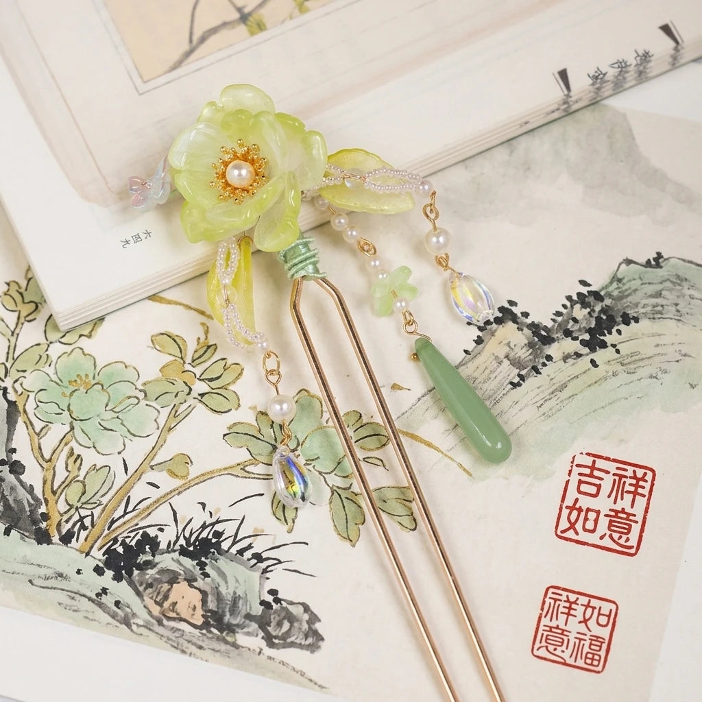 Green Classical Hairpin For Hanfu Alloy Tassel Design Peaceful Pleasures Health and Wellness