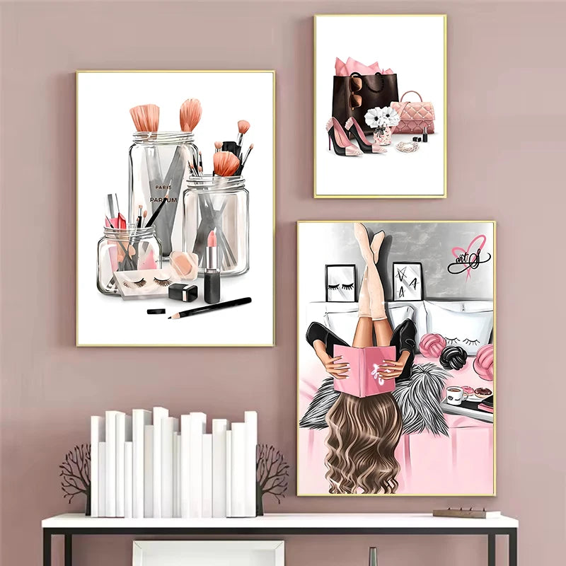 Girly Pink Makeup Canvas Wall Art | Bedroom Décor Poster