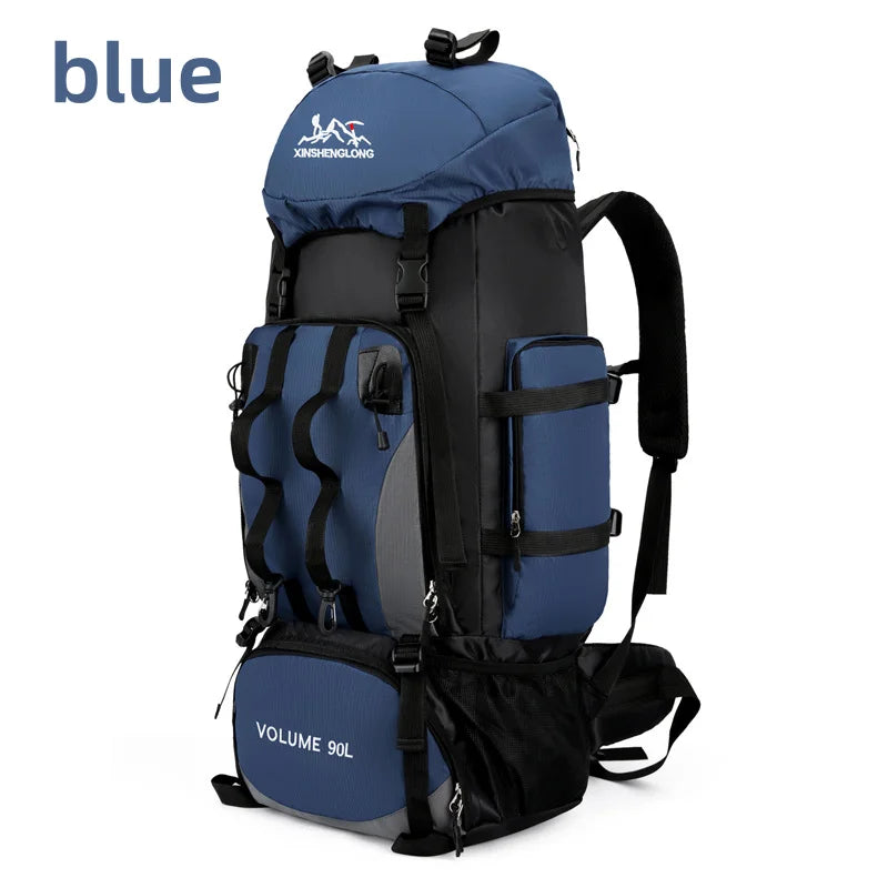 Large-capacity 90-liter men's waterproof hiking camping backpack, hiking backpack, hiking travel bag, travel sports bag Peaceful Pleasures Health and Wellness blue bag