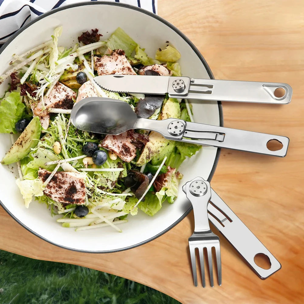 3-in-1 Knife and Fork Spoon Outdoor Tableware Set Stainless Steel Camping Field Portable Exquisite Multifunctional Equipment Peaceful Pleasures Health and Wellness