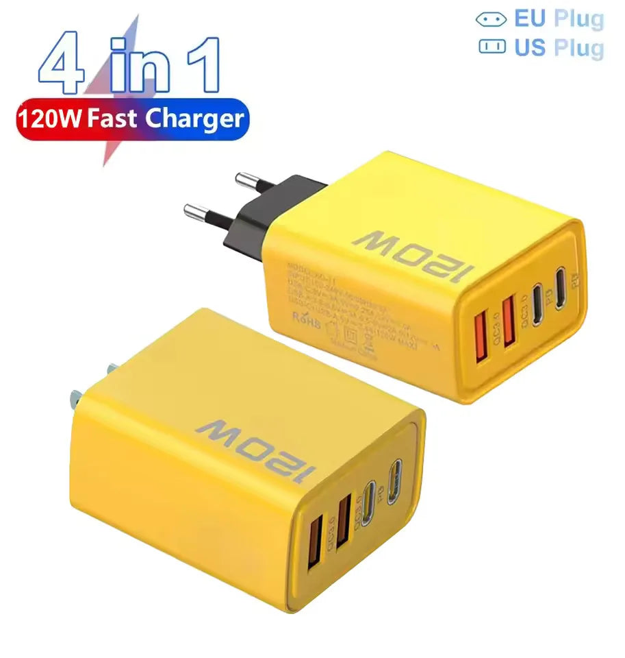 120W 4-Port USB-C Fast Charger | PD Quick Charge 3.0 Adapter