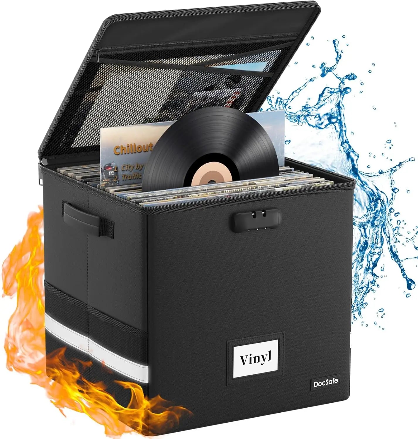 Black vinyl record storage box with flames and water graphics on a white background