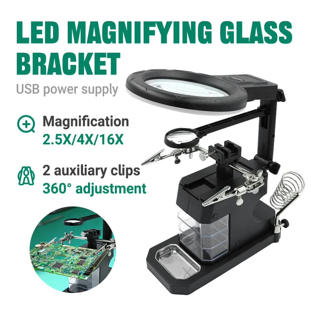 NEW 2.5X 4X 16X Magnifying Glass Soldering Stand with 16 LED Lights - Third Hand Tool for Welding Repair and Inspection Work Peaceful Pleasures Health and Wellness