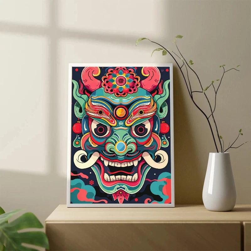 Japanese Oni Samurai Yokai Mask Canvas Wall Art Poster Print Canvas Wall Art Print Peaceful Pleasures Health and Wellness