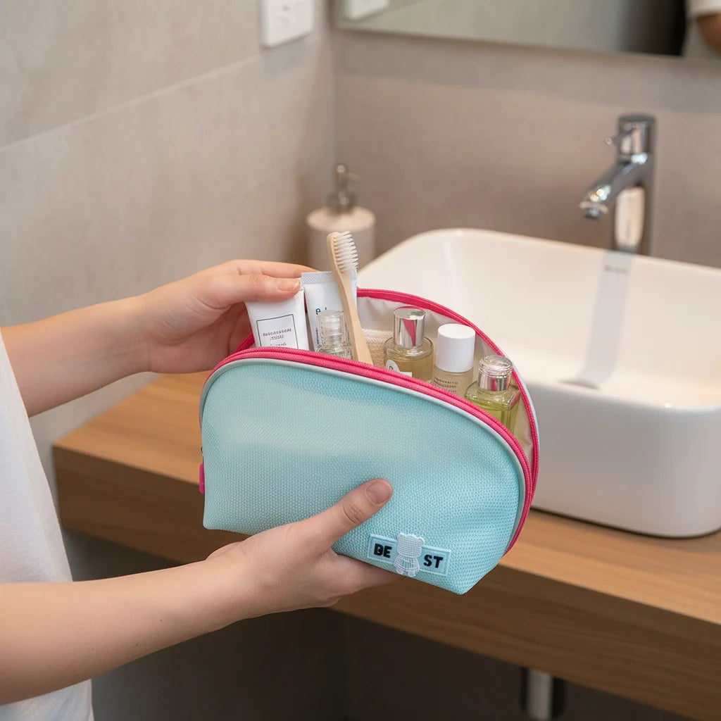 Travel Toiletry Bag Portable Cosmetic Pouch With Half-circle Mesh Design For Travel Makeup Storage Peaceful Pleasures Health and Wellness