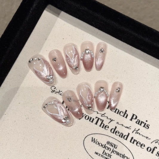 Mermaid Cat Eye Press-On Nails | Almond Rhinestone False Tips Press-On Nail Tips Peaceful Pleasures Health and Wellness S