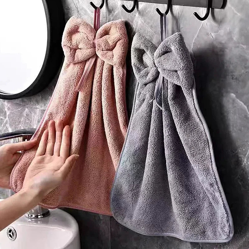 Bowknot Hanging Hand Towels – Soft Coral Fleece, Quick Dry