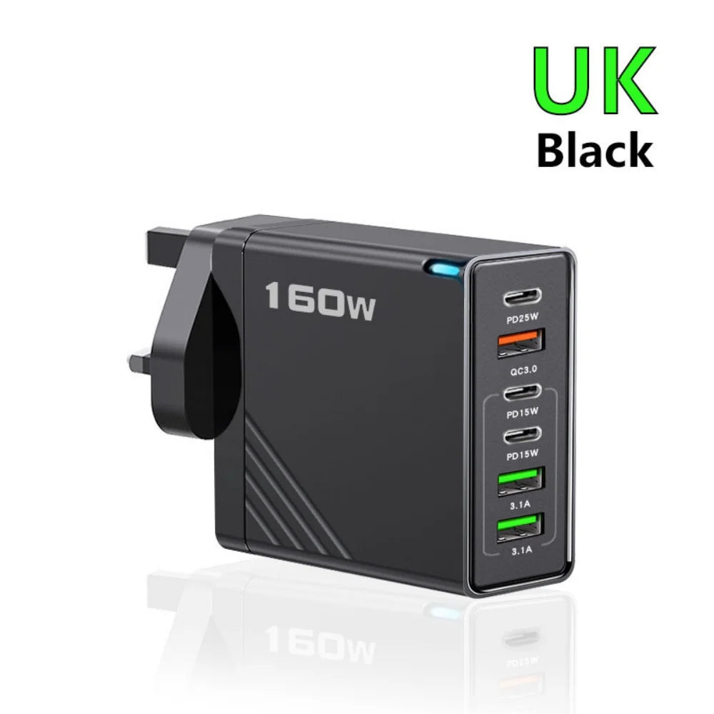 160W 6-Port USB-C PD & QC3.0 Fast Wall Charger | EU US UK