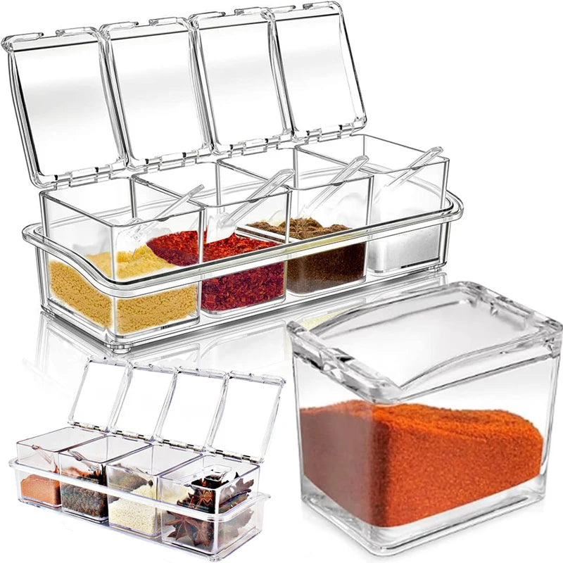4-Cell Clear Acrylic Spice Box with Lids & Spoons