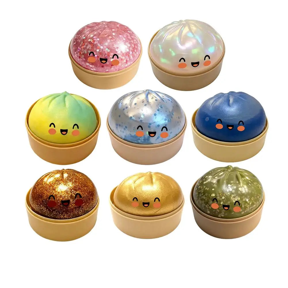 Colorful Dumpling Squeezable Toy Stress Relief Toy Squeezy Dough Ball with Steamer Stress Glitter Dumpling Squeeze Toy Peaceful Pleasures Health and Wellness