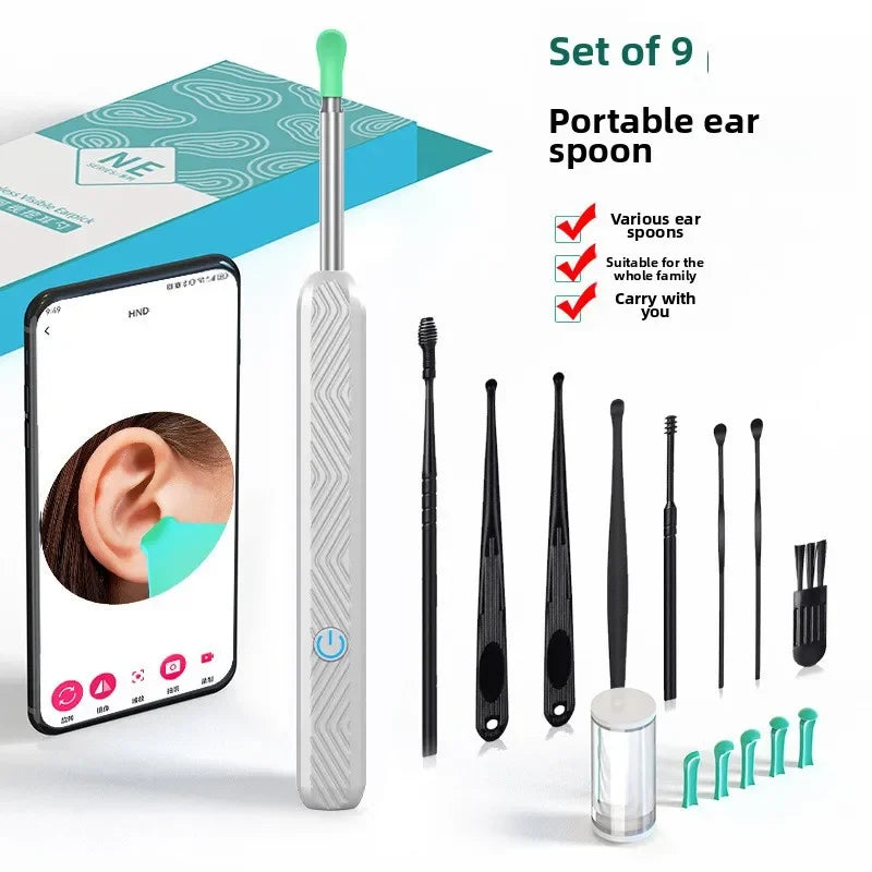 Visual Ear Wax Cleaner with Camera Safe Earwax Removal Endoscope with 5M Camera Luminous Otoscope Ear Cleaning Tools Ear Care Peaceful Pleasures Health and Wellness 9Pcs Set White