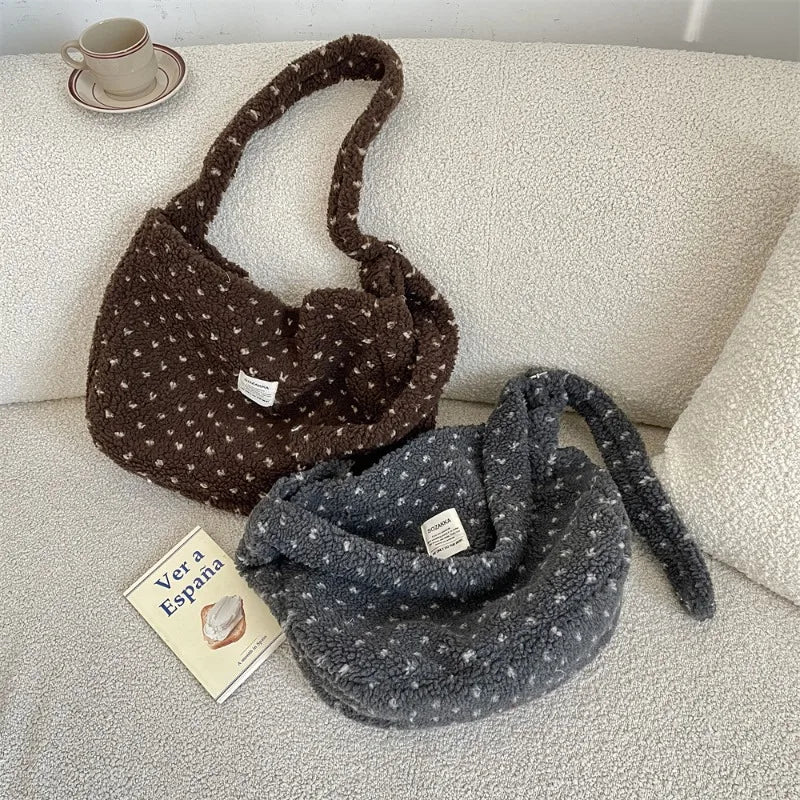 Autumn Winter Plush Heart Crossbody Bag Large Capacity Canvas Shoulder Bag Shopping Tote for Daily Use Versatile Commuting Bag Peaceful Pleasures Health and Wellness