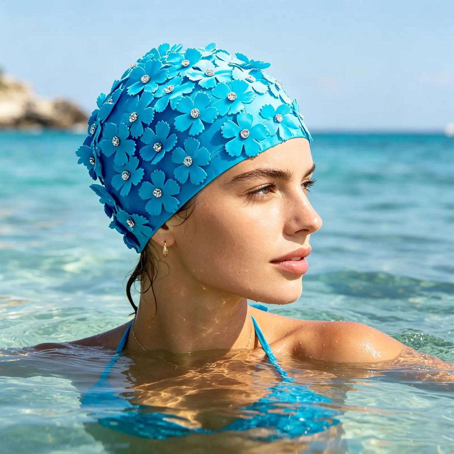 Rhinestone Flower Swim Cap for Women – Waterproof Bathing Hat