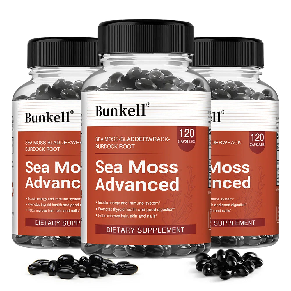 Sea Moss 500mg Capsules 3-in-1 Complex - Irish Moss, Bladderwrack & Burdock Root, Immune, Thyroid, Joint & Gut Support, Vegan Peaceful Pleasures Health and Wellness 120 count-3 bottle