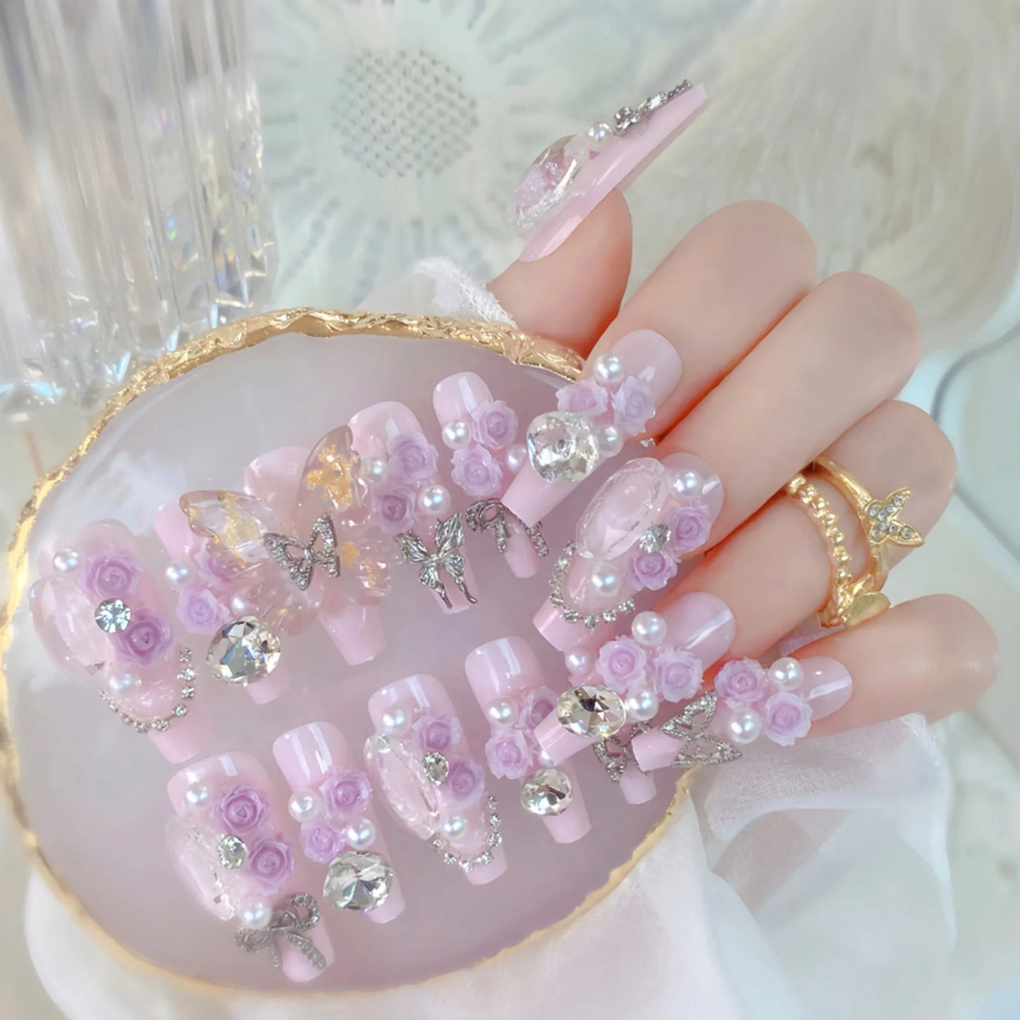 24pcs Sweet Cute Bow False Nails with Pink Crystal Design Korean Fake Nail Tips for Girl Lady Wearable Full Cover Press on Nails Peaceful Pleasures Health and Wellness 11