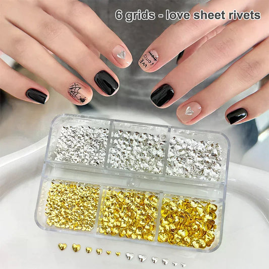 6Grids 3D Metal Heart Nail Art Charms Gold/Silver Starlight Rivets Nails Decorations Y2K Manicure Accessories Nail Parts Jewelry Peaceful Pleasures Health and Wellness Default Title