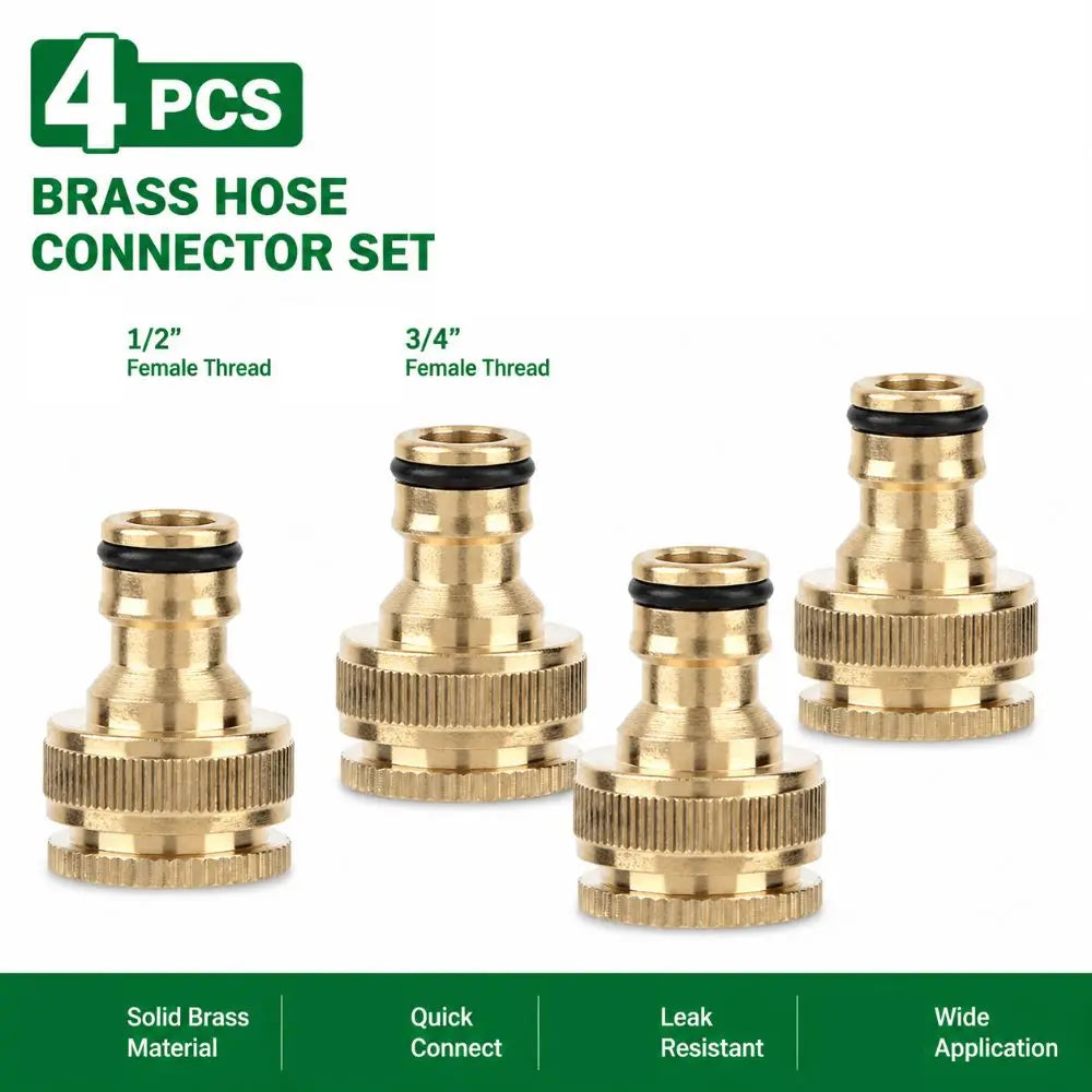 4-Pack Brass Garden Hose Quick Connectors 1/2" & 3/4" Female Thread