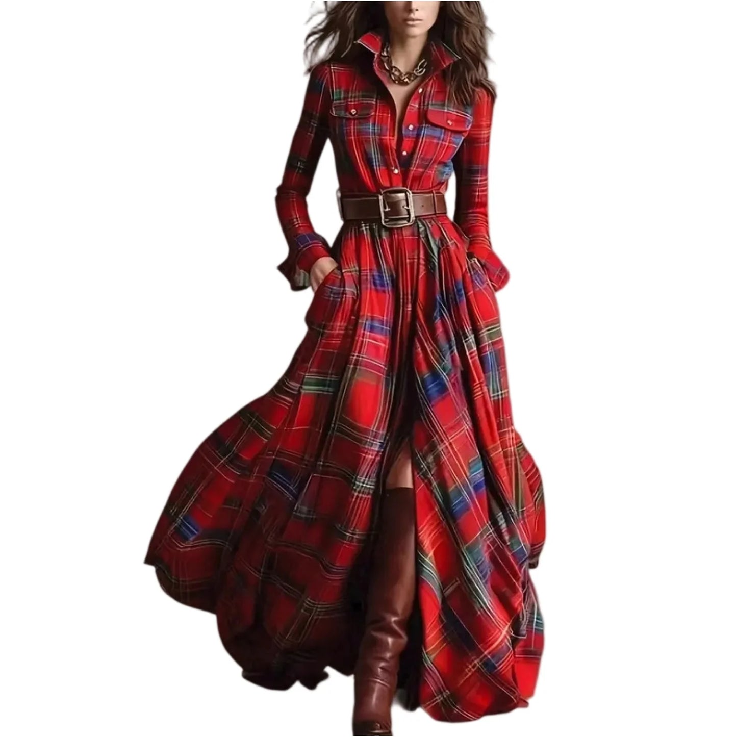 Retro Plaid Maxi Shirt Dress – Long Sleeve, Belt & Pockets