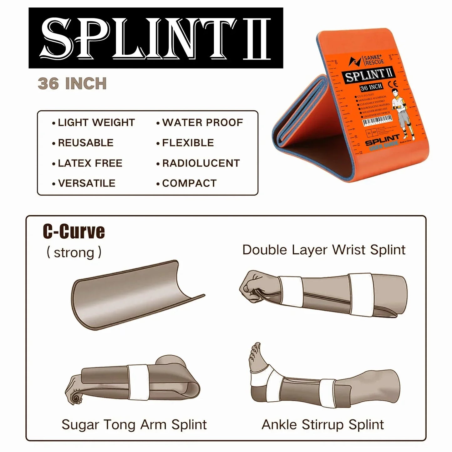 SANKE RESCUE Aluminum Splint 36"/18"x4.3" Wrist & Thumb Support