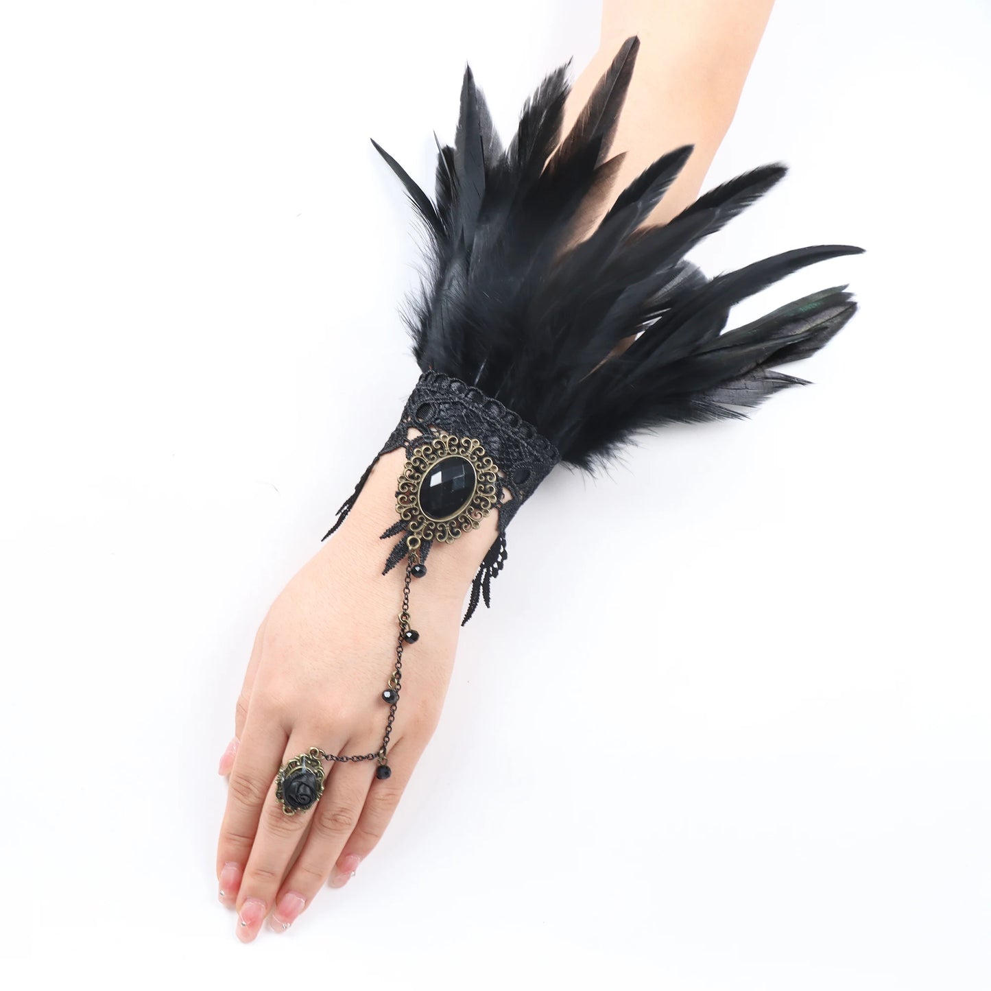 Lace Feather Wrist Cuffs Rave Gloves Steampunk Gothic Glove Sleeve