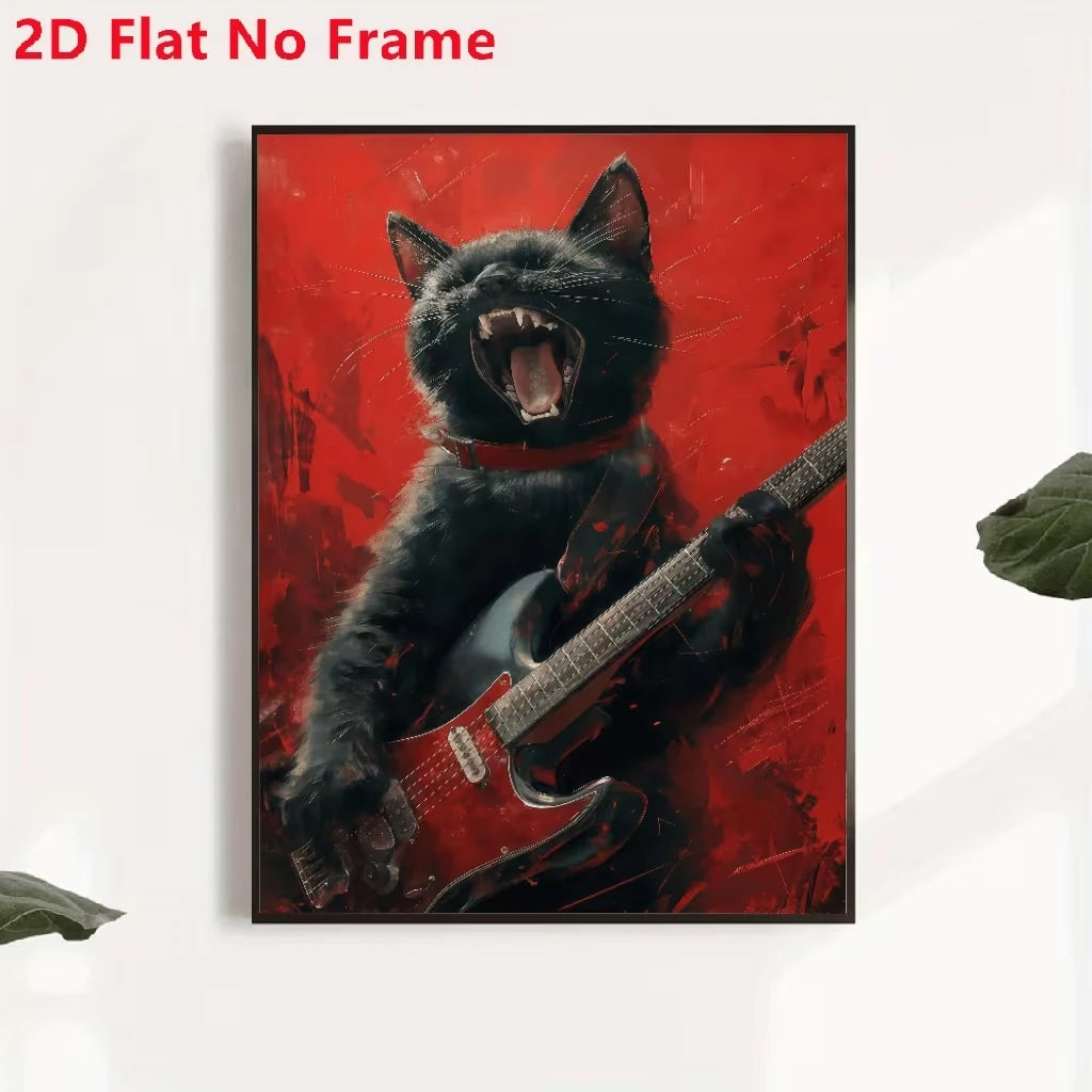 Black Cat Playing Guitar Canvas Wall Art | Rock Music Print