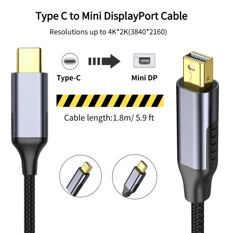 Type C to Mini DisplayPort Cable 4K@60Hz Video HD USB 3.1 to Mini DP 24K Gold-Plated Connector for iPhone MacBook Air Projectors Peaceful Pleasures Health and Wellness