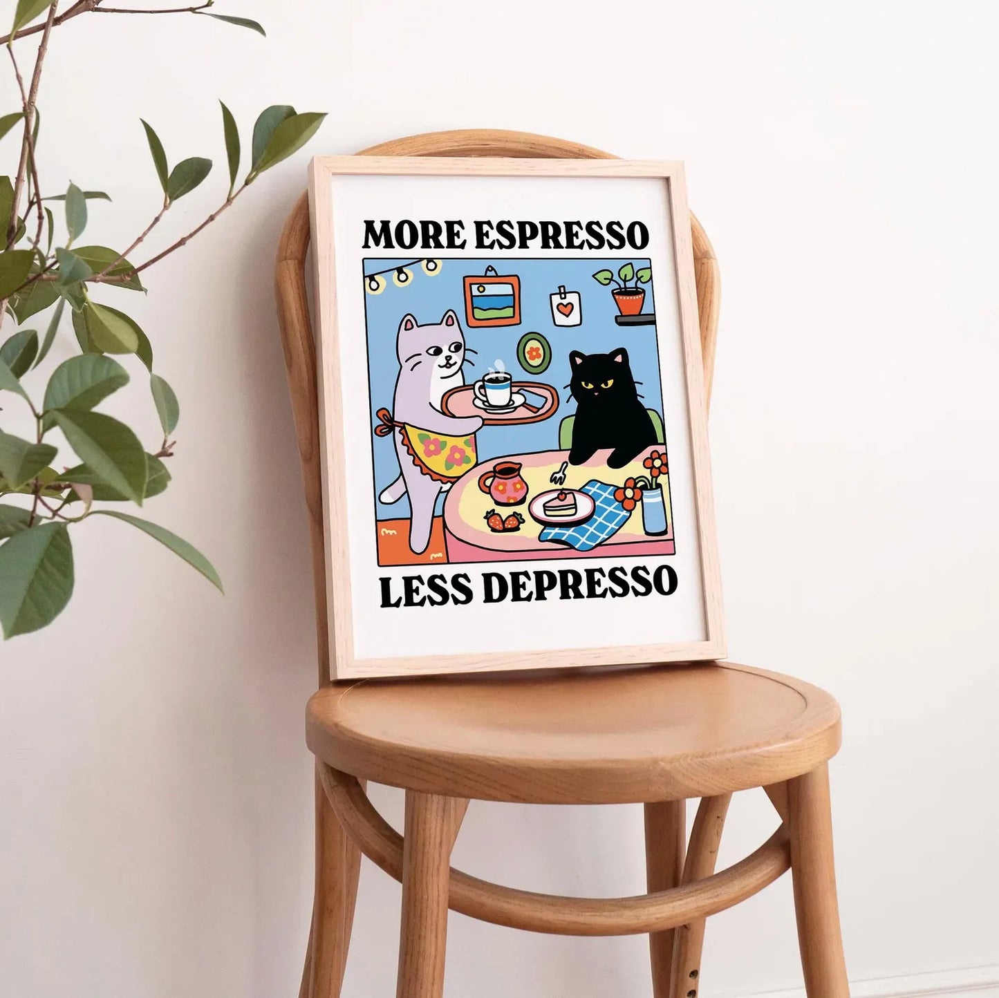 More Espresso Less Depresso Black Cat Canvas Wall Art Print