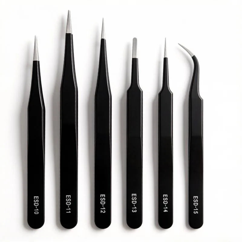 Anti-static ESD Tweezer Black Stainless Steel Straightflat Round Bent
