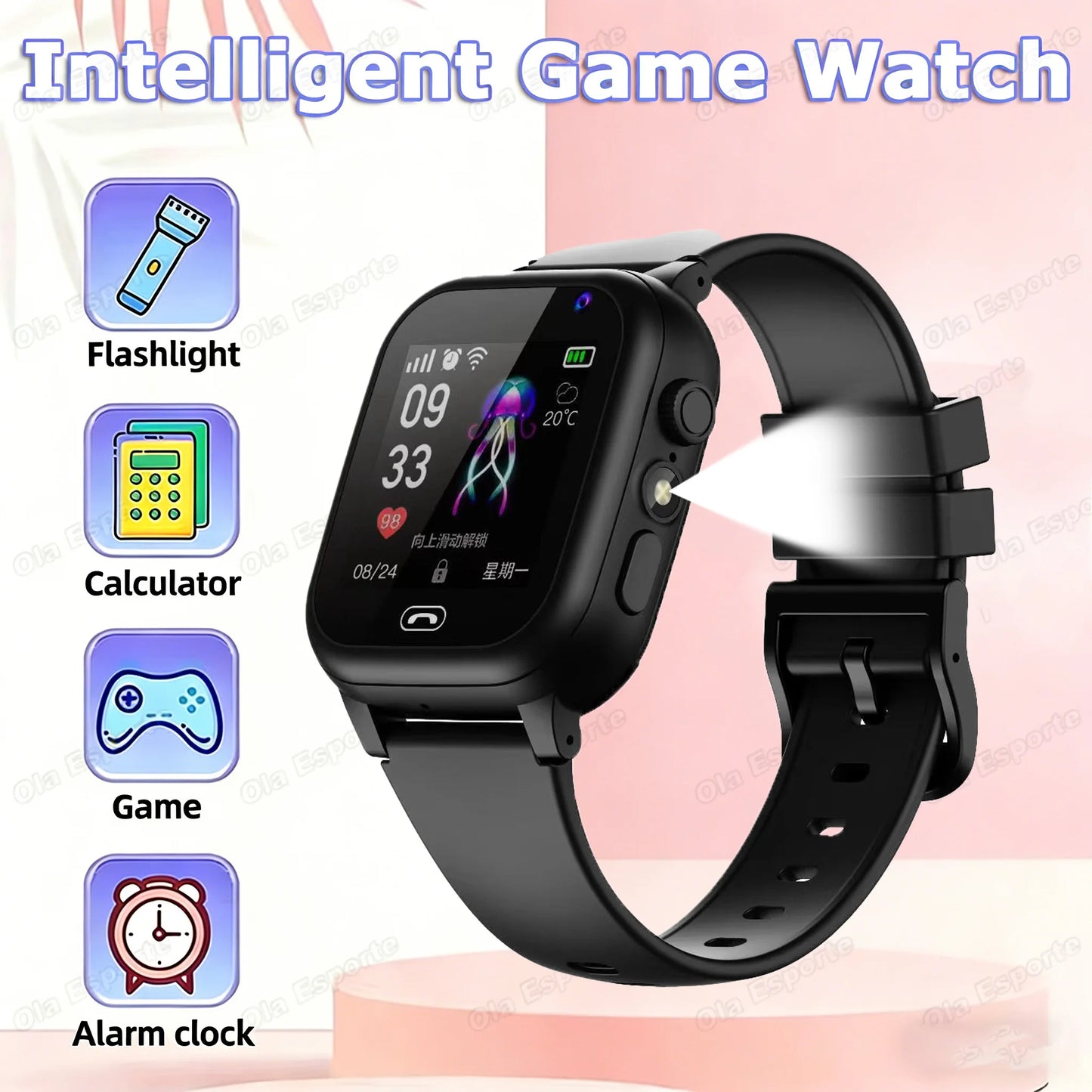 Children's Smartwatch Boy and girl HD Call LED Flashlight SOS LBS Location Waterproof GPS Alarm Clock Step Count Smart WatchHT30 Peaceful Pleasures Health and Wellness Black