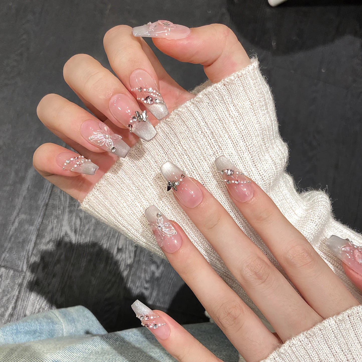 10pcs Handmade Press on Nails Pink Butterfly French Cat Eye Fake Nails Wearable Full Cover Shiny Sweet Korean Fake Nail Tips Peaceful Pleasures Health and Wellness L 1