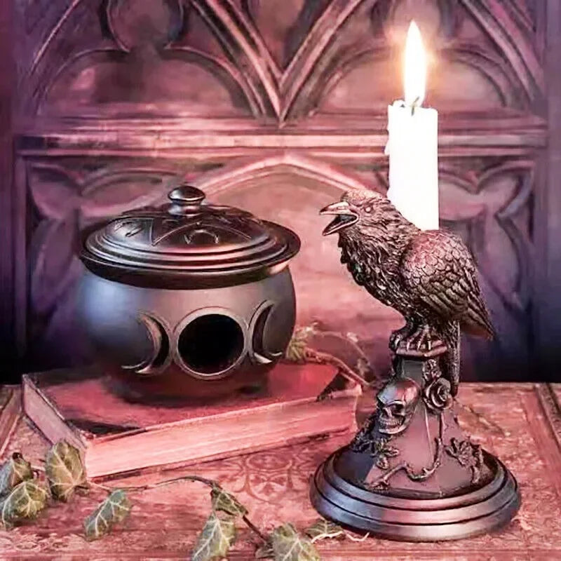 Gothic Halloween Owl & Raven Candle Holder Tabletop Ornament