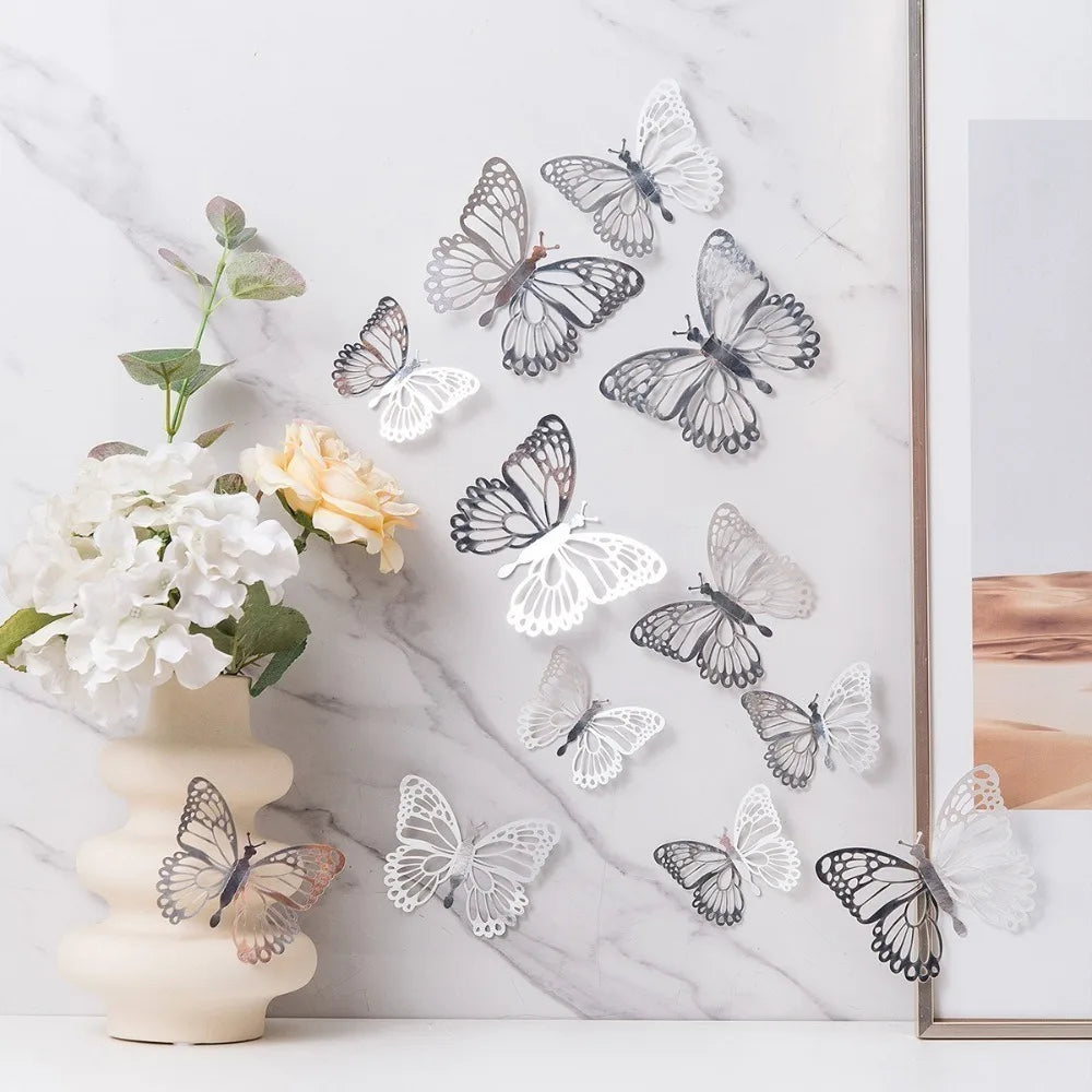12pcs New 3D Butterfly Wall Stickers Self Adhesive Hollow Butterfly Butterfly Wallpaper DIY Decal Festival Decoration Peaceful Pleasures Health and Wellness A-Silver