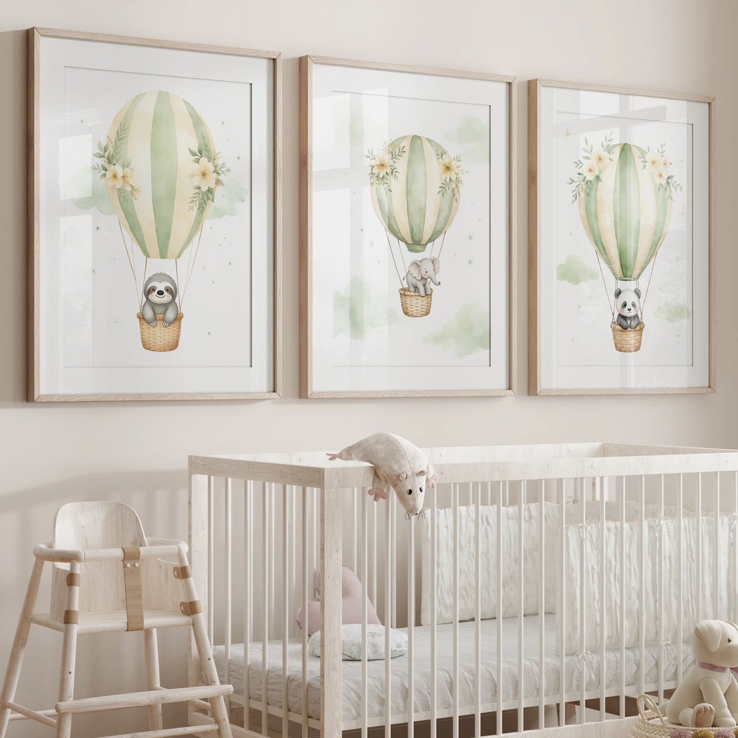 Watercolor Hot Air Balloon Animals Canvas Wall Art | Kids Room