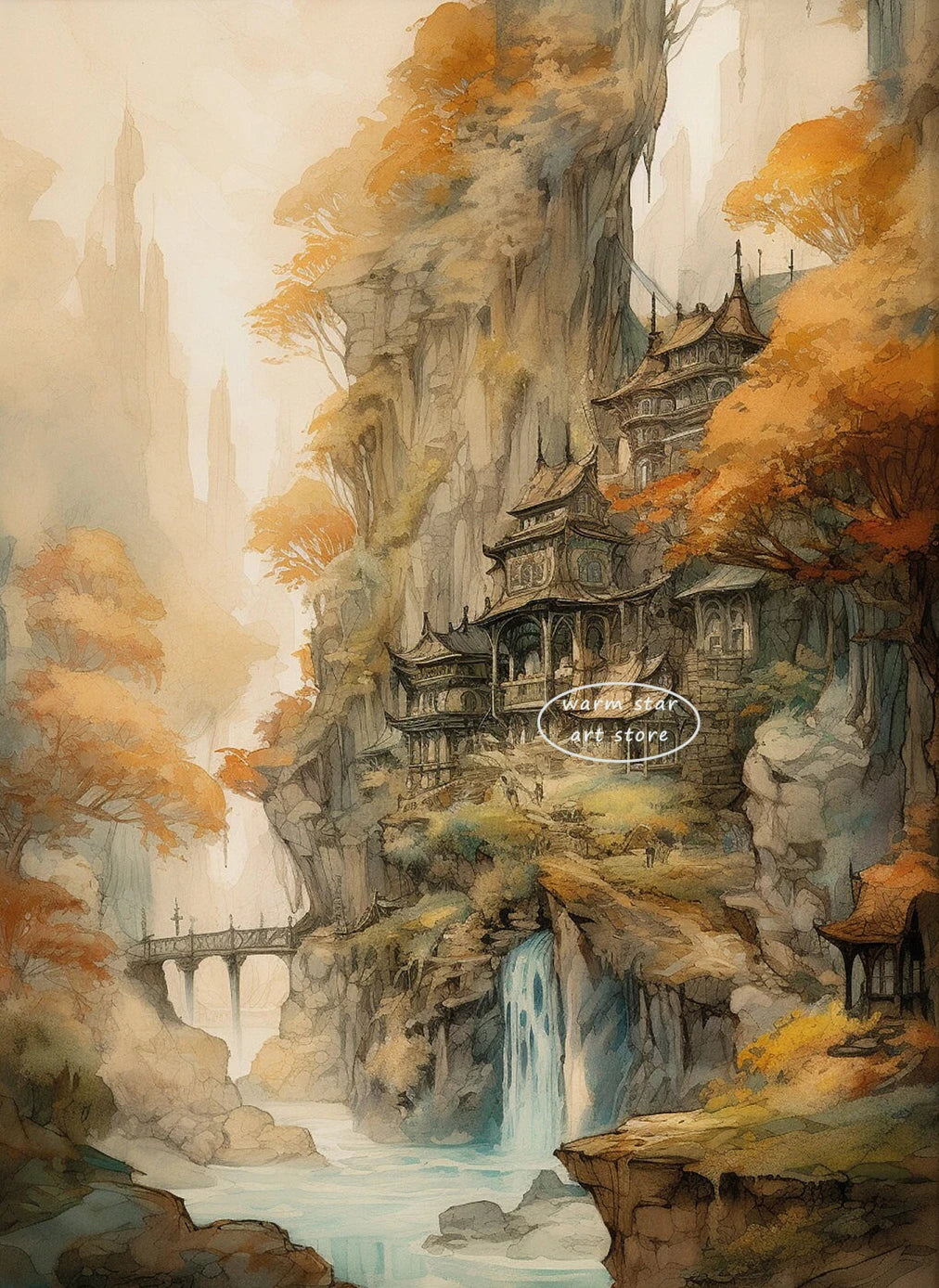 Watercolor Middle Earth Classic Magic Movie Rivendell Canvas Art Ring Posters and Prints Wall Painting Living Room Home Decor Peaceful Pleasures Health and Wellness A11 40X50CM
