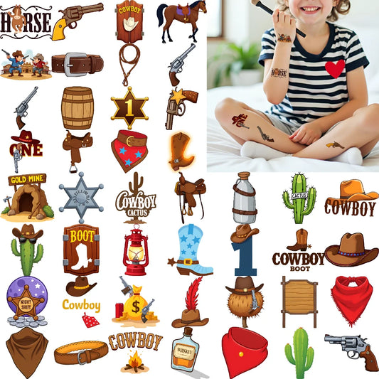 63-Piece Waterproof Temporary Tattoos – Western Cowboy Stickers Temporary Tattoo Set Oasis Select