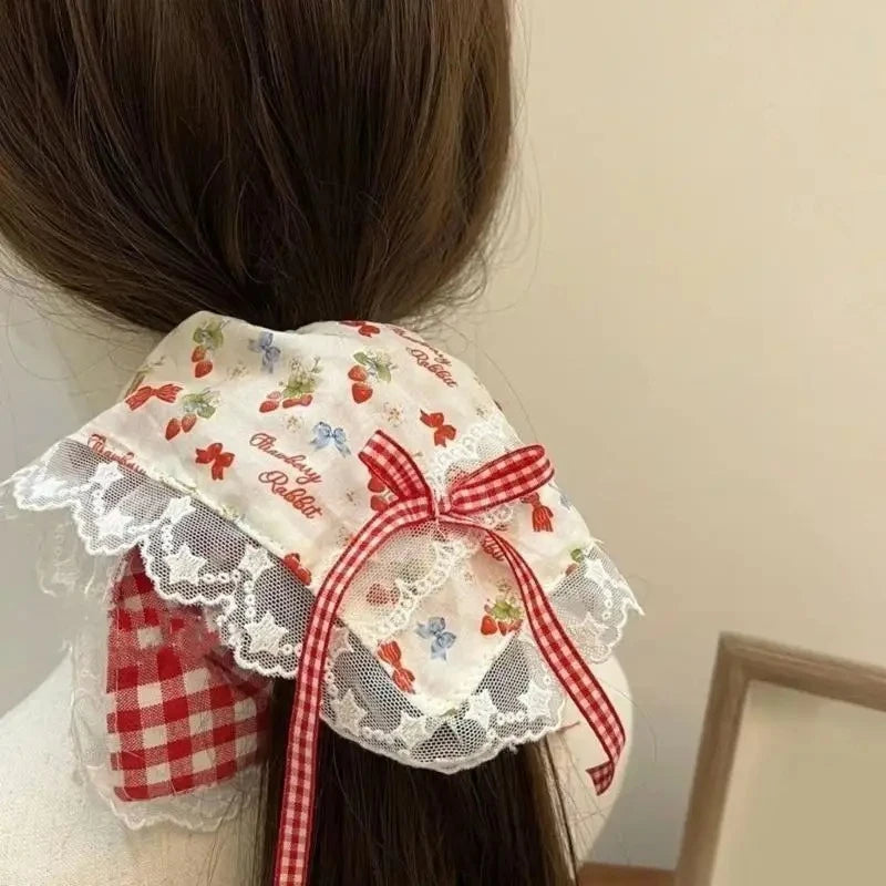 New Lace Red Plaid Heart Ribbon Bandana Pastoral Hair Scrunchie Fairy Fresh Light Luxury Hair Ornaments Female for Daily Outfit Peaceful Pleasures Health and Wellness