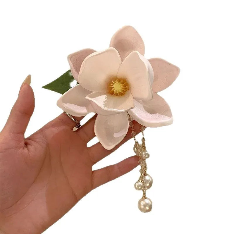 Pink Magnolia Pearl Tassel Hair Clip New Chinese Style Gentle and High End Feeling Spring New Clip Headband Hair Clip Versatile Peaceful Pleasures Health and Wellness 1pc pink white