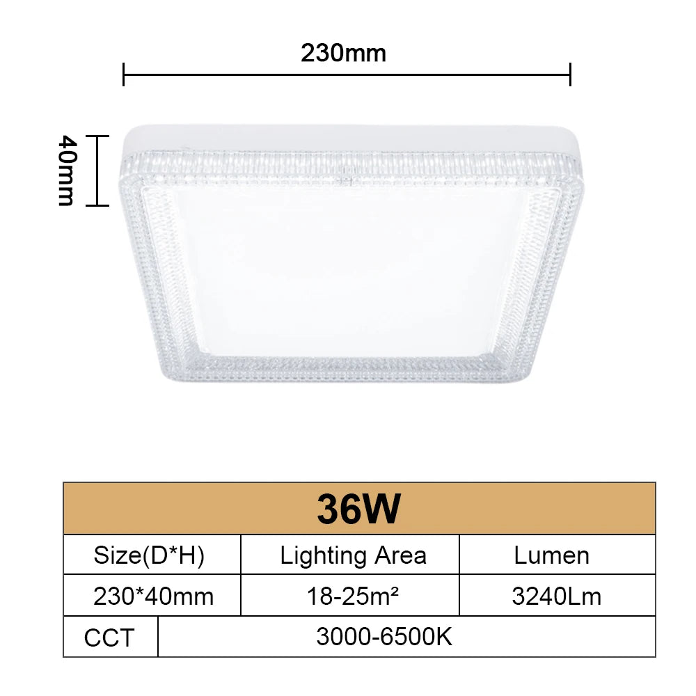 RUNTOIN Crystal LED Ceiling Light 24/36/48W CCT Square & Round