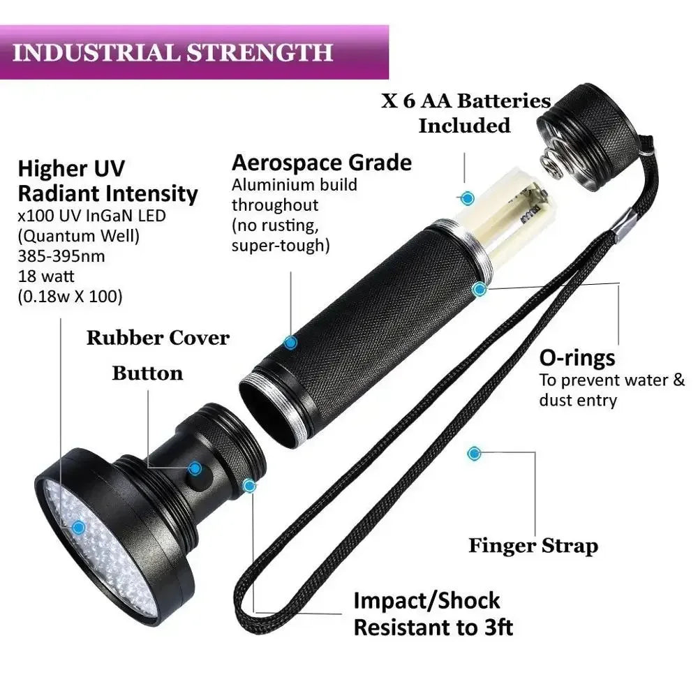 100LED 395nm UV Flashlight High Power Ultraviolet Torch Money Ore Pet Stains Invisible ink Scorpion Marker Fluorescent light Peaceful Pleasures Health and Wellness