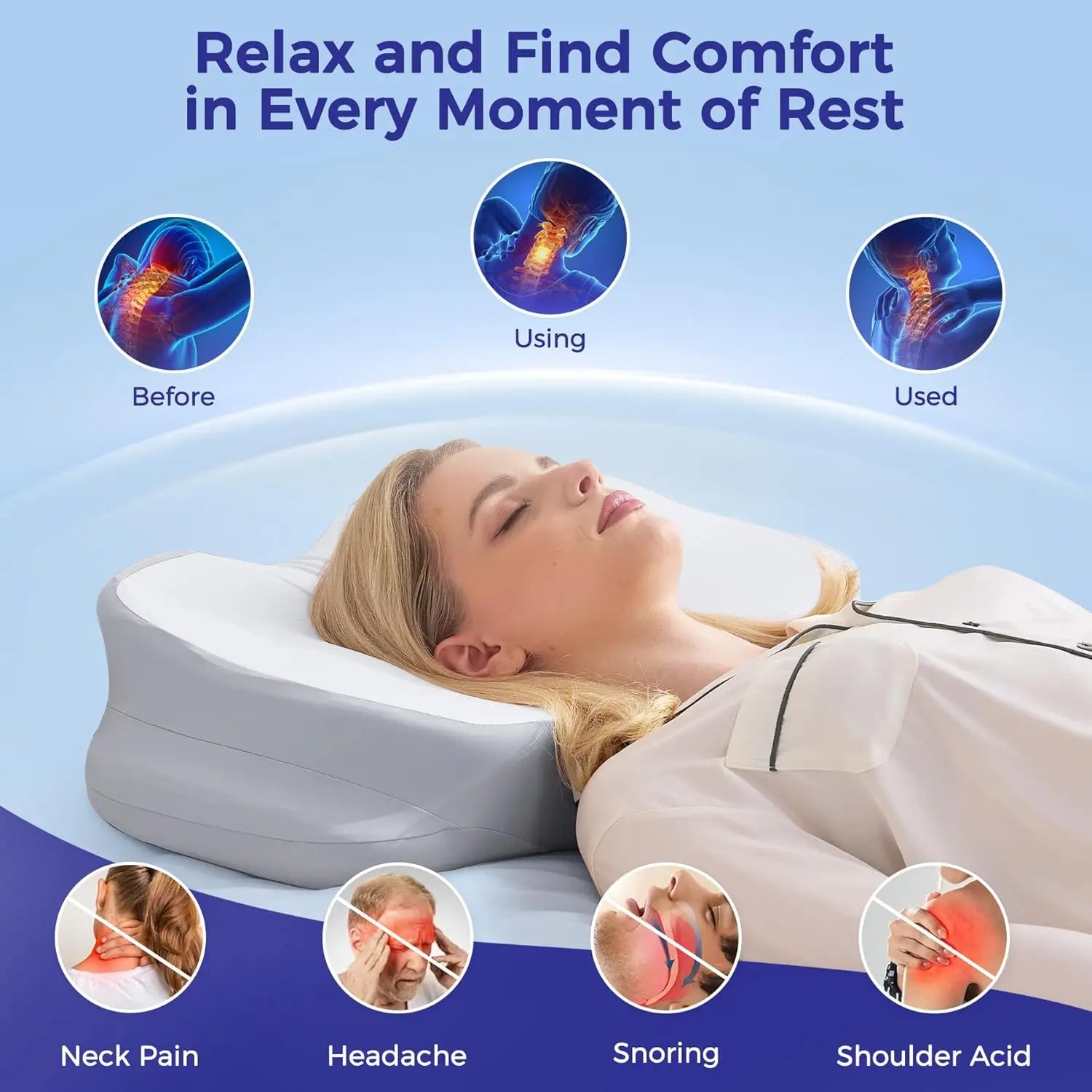 Woman lying on a neck pillow with health benefits highlighted on a blue background
