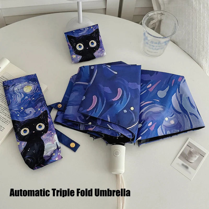 Purple Cartoon Cat Folding Umbrella – UV & Sun Protection
